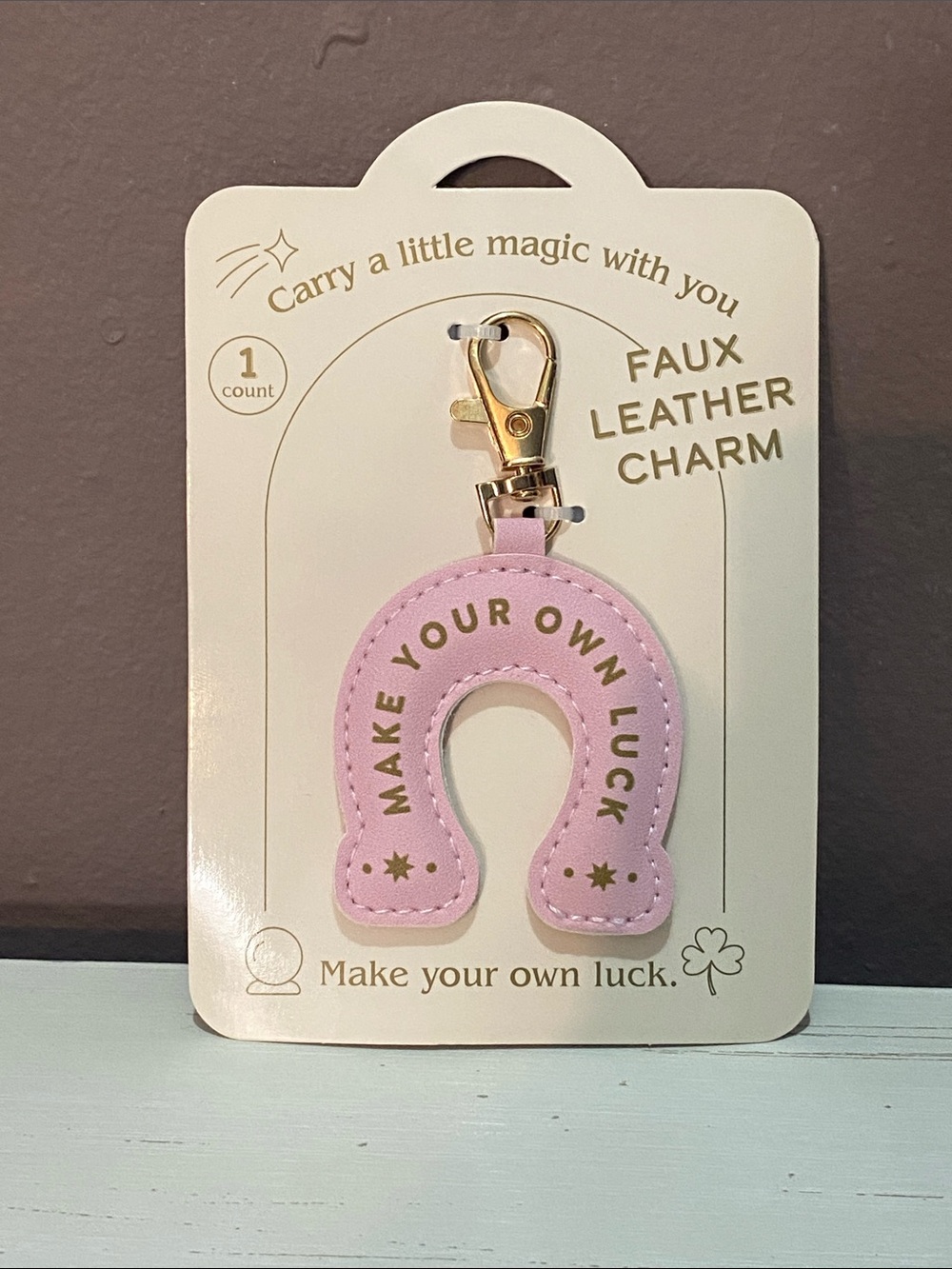 Pink Horseshoe Faux Leather Charm Keychain with Gold Hardware